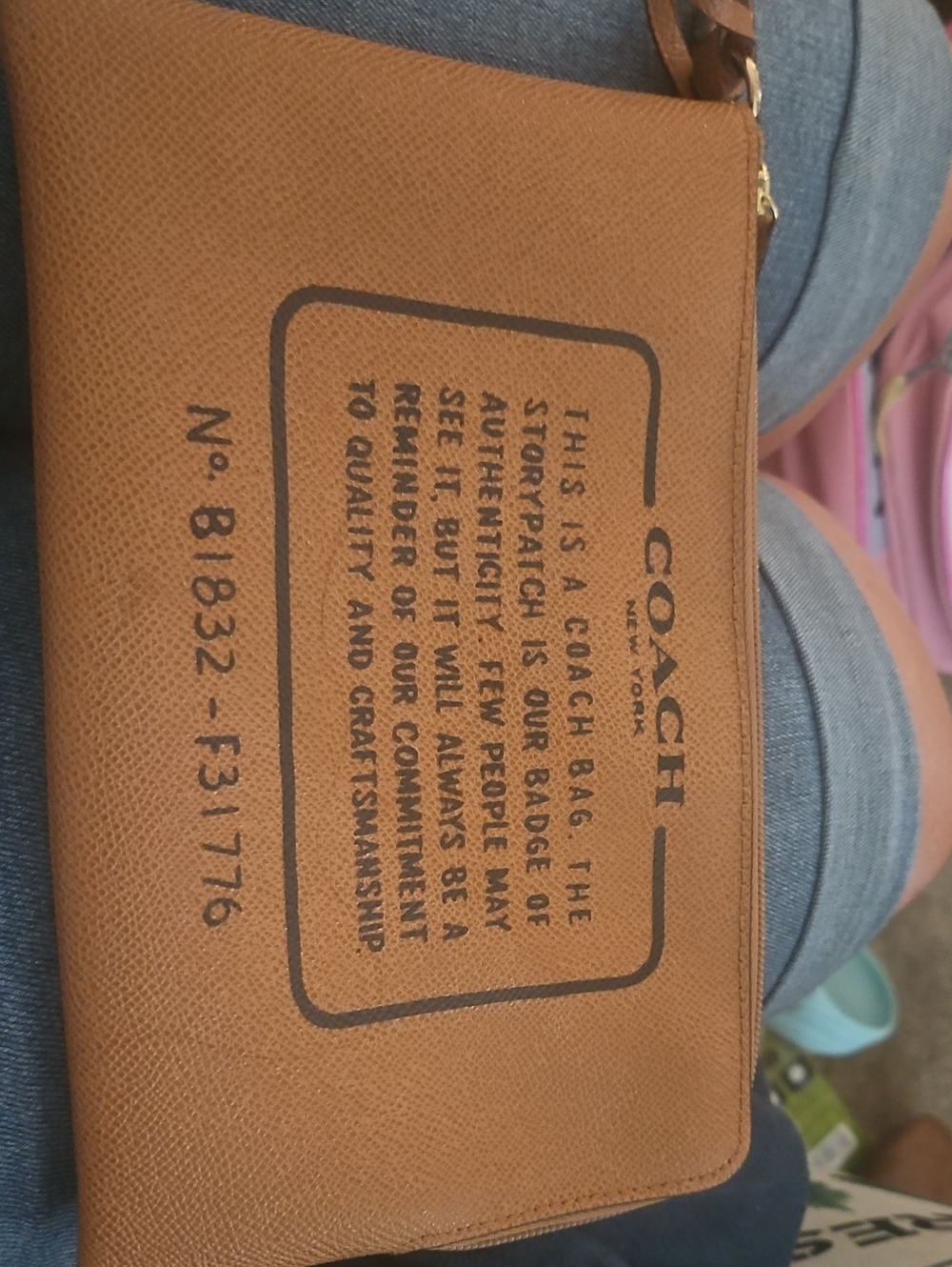Coach Tan Leather Wrist Zip Pouch with Printed Coach Badge